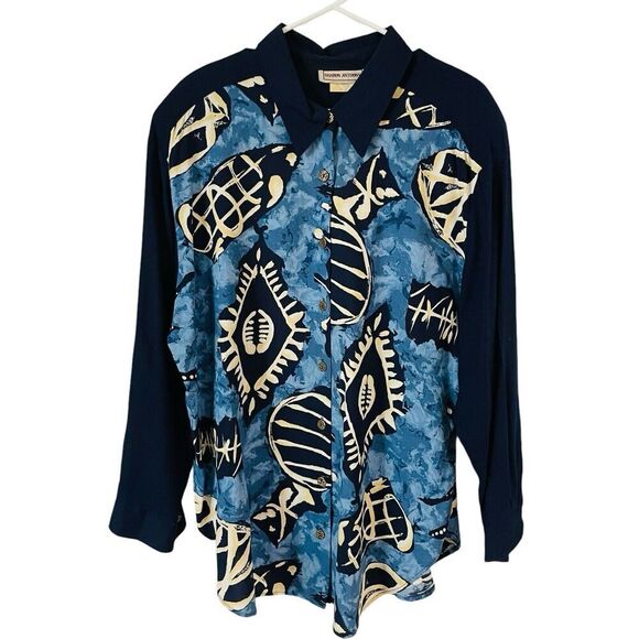 Vintage Sharon Anthony Artsy Blouse Shirt Womens 18W Blue Abstract Art to Wear - Picture 1 of 8